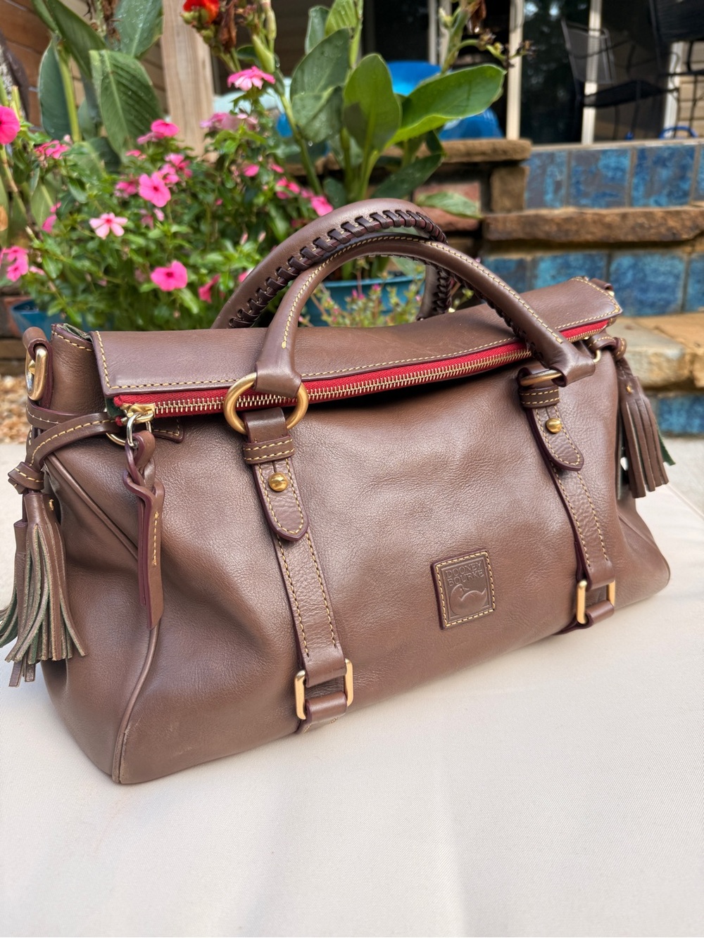 Dooney & Bourke Florentine Leather Satchel in Elephant with Purple Edge Trim👜